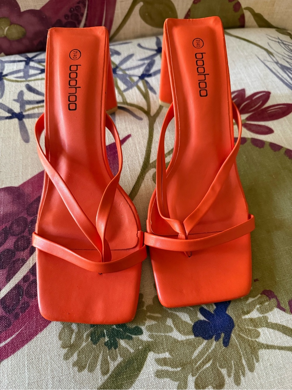 boohoo Bright Orange Square-Toe Strappy Mid Heels